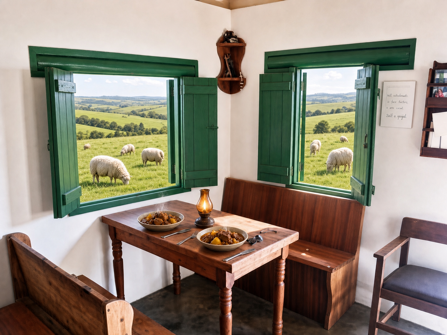 Farm cottage dining nook with a mutton potjie meal and green-country views